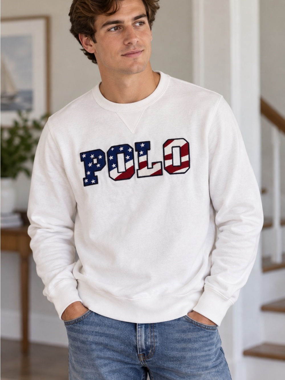 Polo by Ralph Lauren White Crewneck Sweatshirt with American Flag Logo